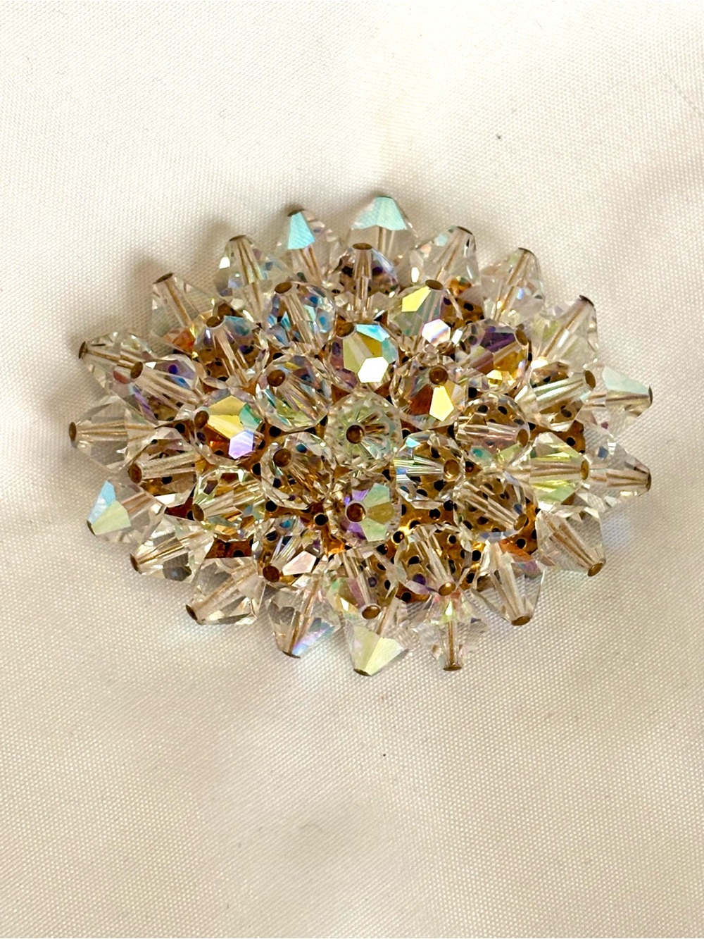 Vintage AB Crystal Cluster Brooch Aurora Borealis Clear Beaded Statement Pin